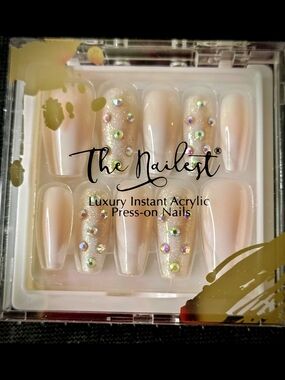 Luxury Instant Acrylic Press-On Nails - Iridescent Nude with Rhinestones